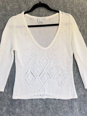Vintage Liz Williams White Rayon Knit Sweater Med Y2K 90s Argyle Eyelet Stretch